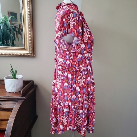 Anthropologie Robin Tiered Mini Dress Pink Ikat Flutter Sleeve Ruffle Size XS - Picture 10 of 14